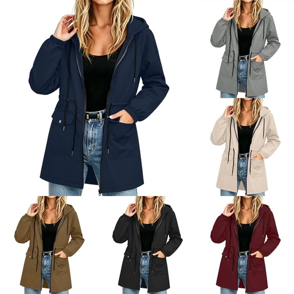 Feancey Hooded Rain Jackets for Women Drawstring Waist Waterproof Windbreaker Jacket Outdoor Lightweight Full Zip Raincoats Hiking Travel Jackets with Pockets Black L