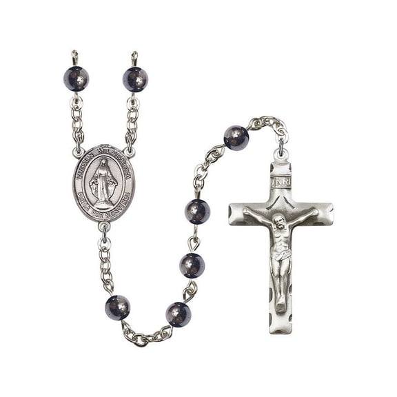 Virgen Milagrosa Silver-Plated Rosary 6mm Hematite Beads Crucifix Size 1 3/4 x 1 medal charm