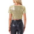 thumbnail image 3 of INSPIRAR CHIC Blusa de Mujer con Lentejuelas Brillantes de Manga Corta Cortada Cuello Redondo con Flecos para Fiesta de Cóctel Brillante XS Dorado, 3 of 5