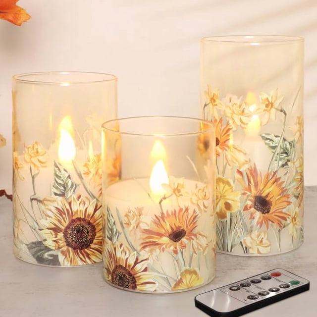 Velas sin llama, cristal de girasol incandescente con mando a distancia, juego de 3