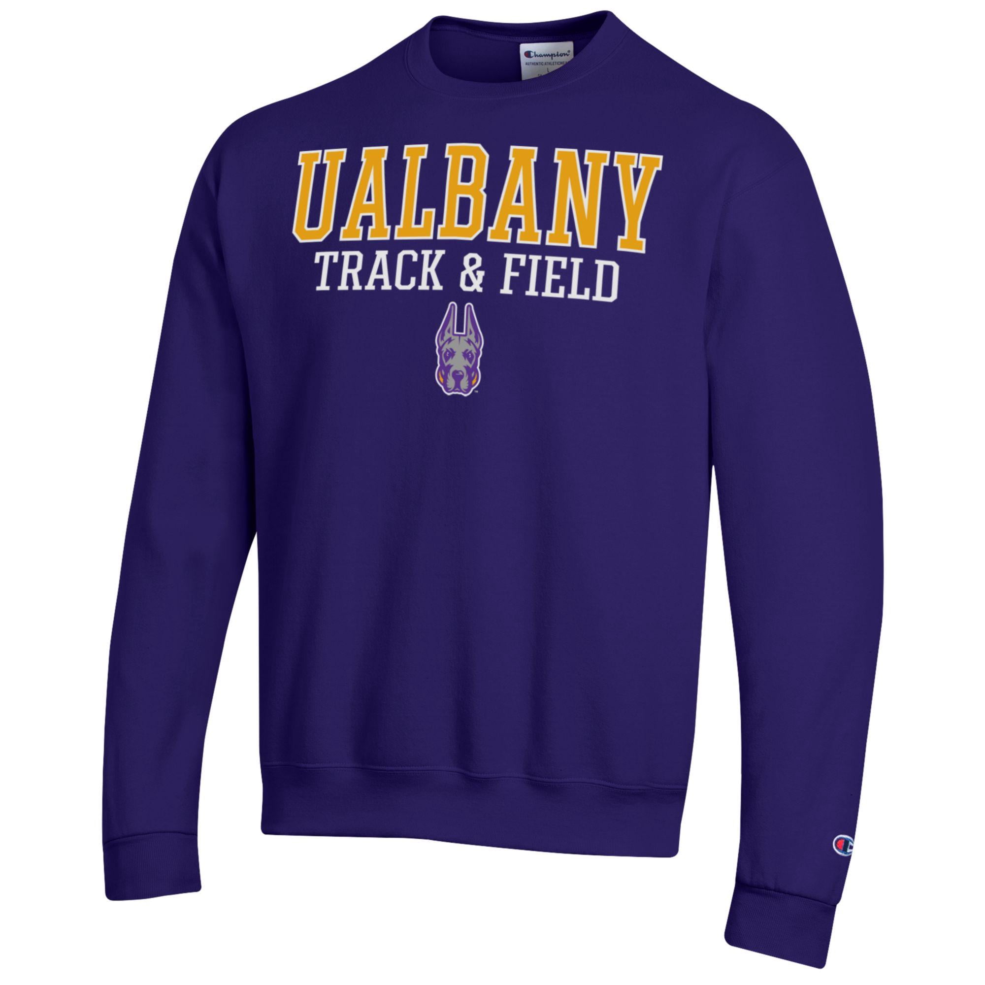Men's Champion Purple Albany Great Danes Track and Field Stack Powerblend Pullover Sweatshirt