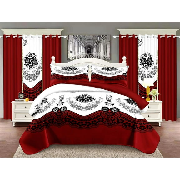 All-in-One 9-Piece Bedspread & Curtain Set, Super Soft for Year-Round Comfort, Fits Twin/Queen/King Bedroom (Red flower, Twin)