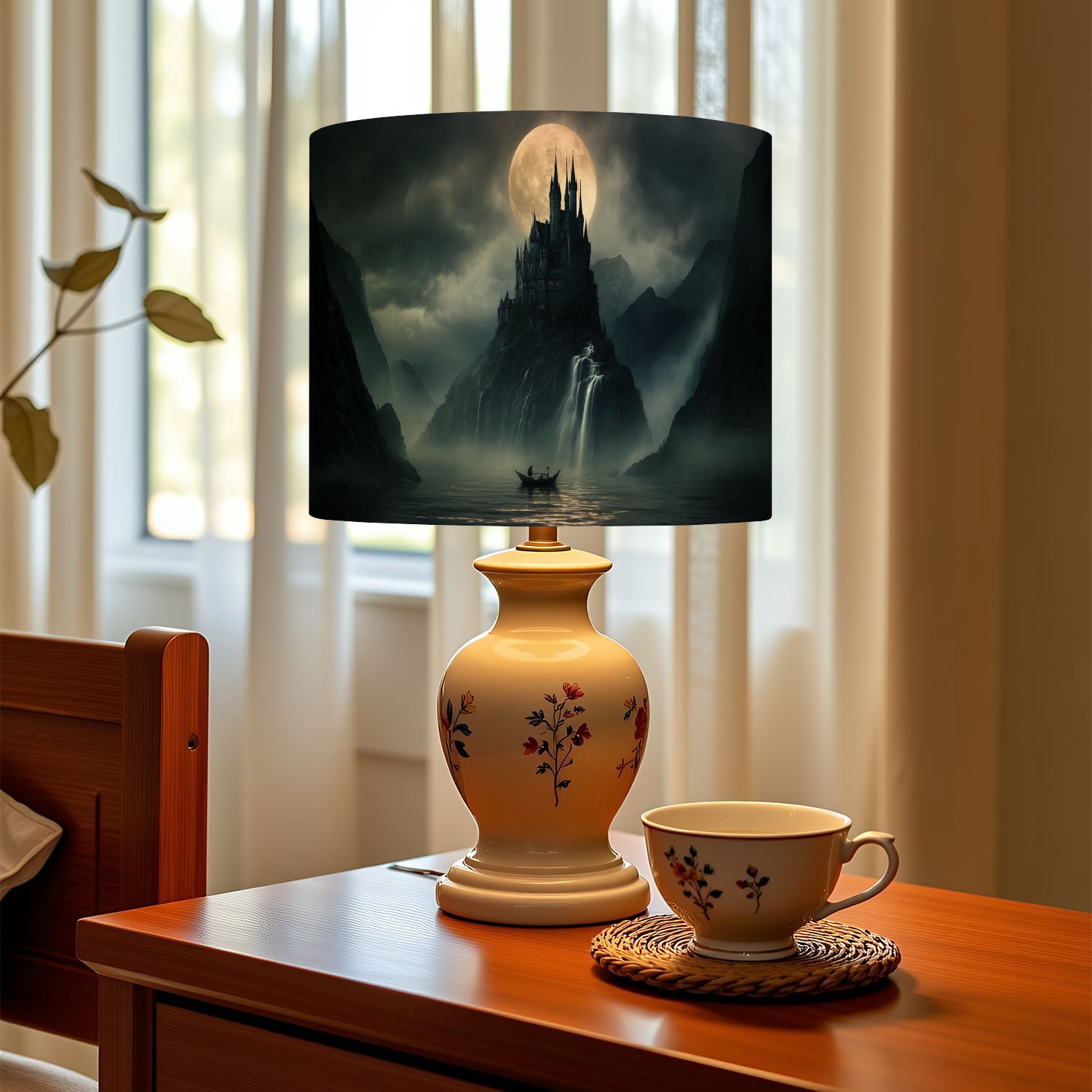 Gothic Linen Drum Lampshades Mystical Castle Rocky Island Moonlight Dark Clouds Waterfalls 13"x13"x10" Light Shade for Table Lamps Floor Lamp Shades Lampshade Replacement Assembly Required