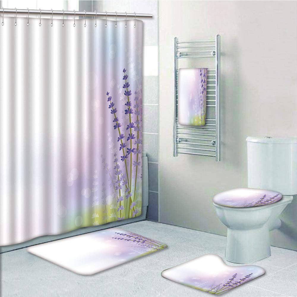 Floral Print Lavender Fields Memory Foam Bath Mat Custom Bath Accessories Purple Bath Decor Lavender Bath Mat & Shower Curtain Set 