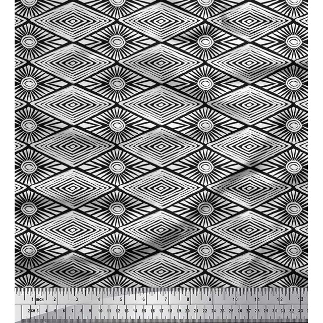 Soimoi Polyester Crepe Fabric Geometric Block Print Sewing Fabric Yard 52 Inch Wide