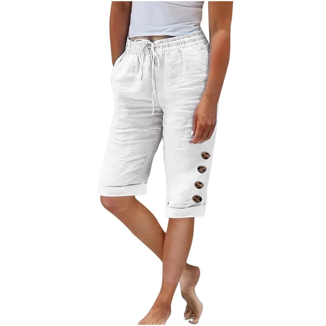 Timegard Womens Shorts Elastic Waist Button Drawstring Straight Leg Casual Knee Length Pants Summer