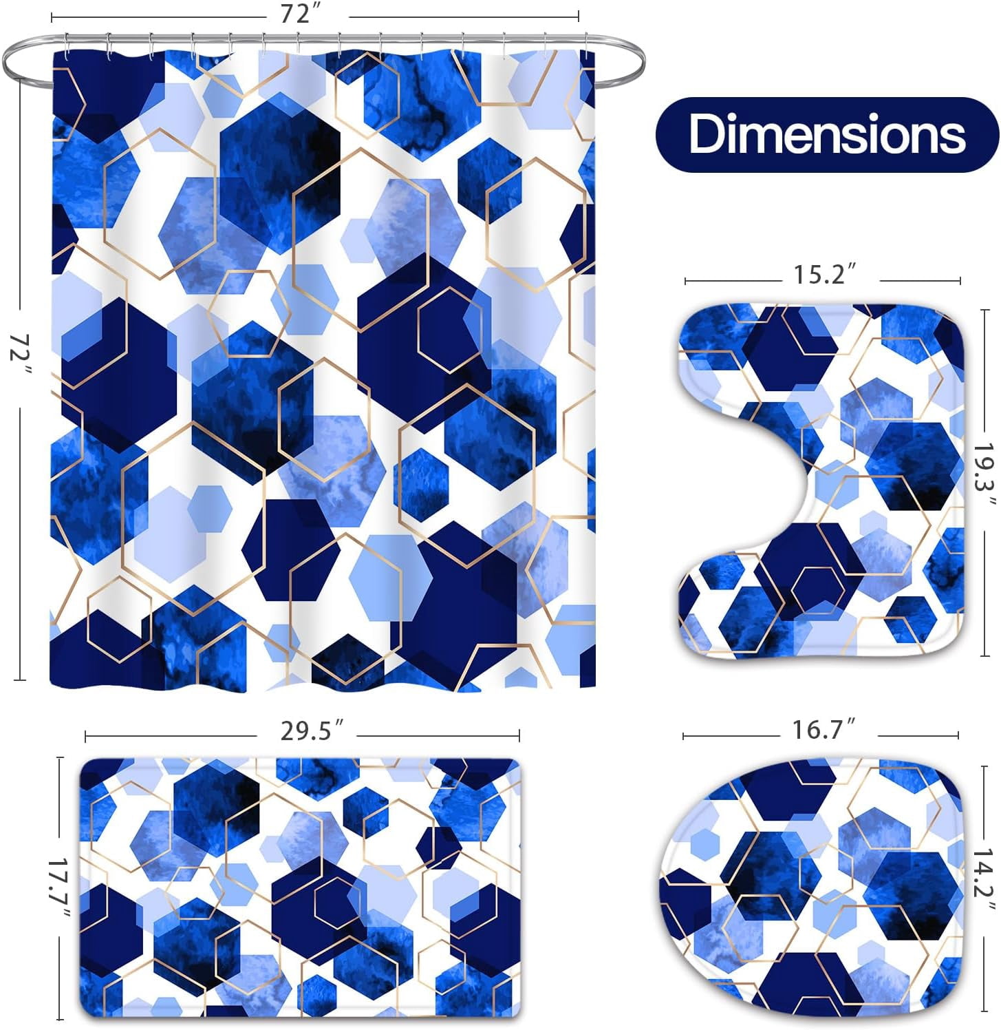 4 Pcs Royal Blue Modern Geometric Shower Curtain Set with Non-Slip Rugs, Toilet Lid Cover and Bath Mat, Abstract Bathroom Decor Set with Shower Curtain and Rugs