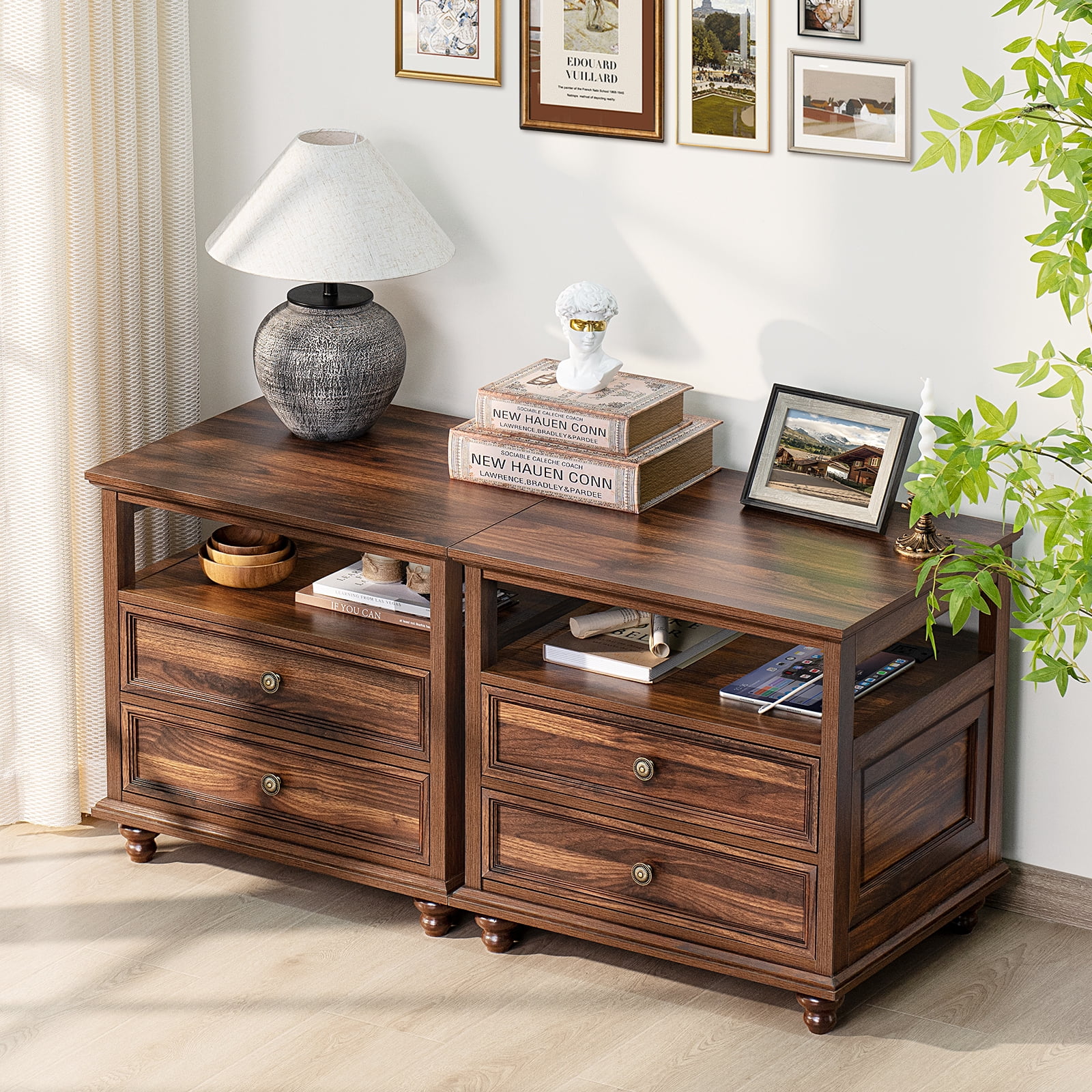 End Table with 2 Drawers for Living Room, Nightstand with Charging Station, Bedside Table with Shelf for Bedroom, Brown