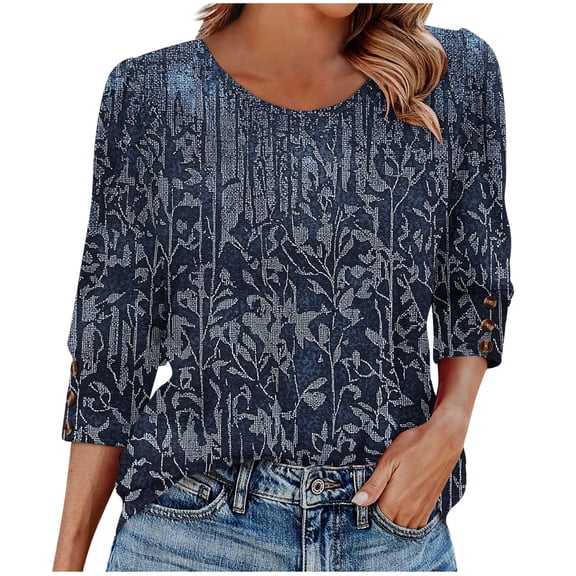 Jsaierl 3/4 Length Sleeve Womens Tops Plus Size Button Up Round Neck Shirts Dressy Graphic Petite Blouses Work Elegant T-shirts Top S-3XL