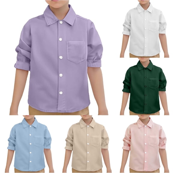 SUXIAN Toddler Boy Shirts Solid Long Sleeve Turn Down Collar Classic Button Down Style Boys Shirt Purple 7-8 Years