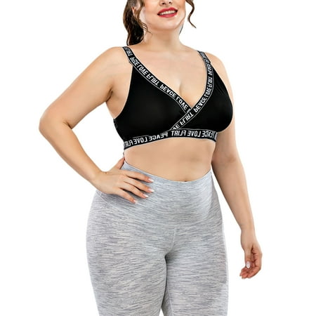Women Plus Size Deep V Neck Sport Bra  Letter Printed Edge Bralette Fitness Tank Top