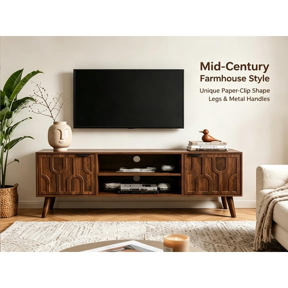 Purfeel Home 47.2" Fluted TV Stand with Storage, Mid Century Modern Entertainment Center,Walnut Media Console Cabinet with Paper Clip Doors,TV Console Table for Living Room Bedroom