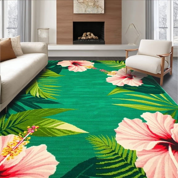ODIKA 2'x3' Machine Washable Non-Slip Area Rug, Rustic Colorful Botanical Design High Traffic Rug, Green, 33786