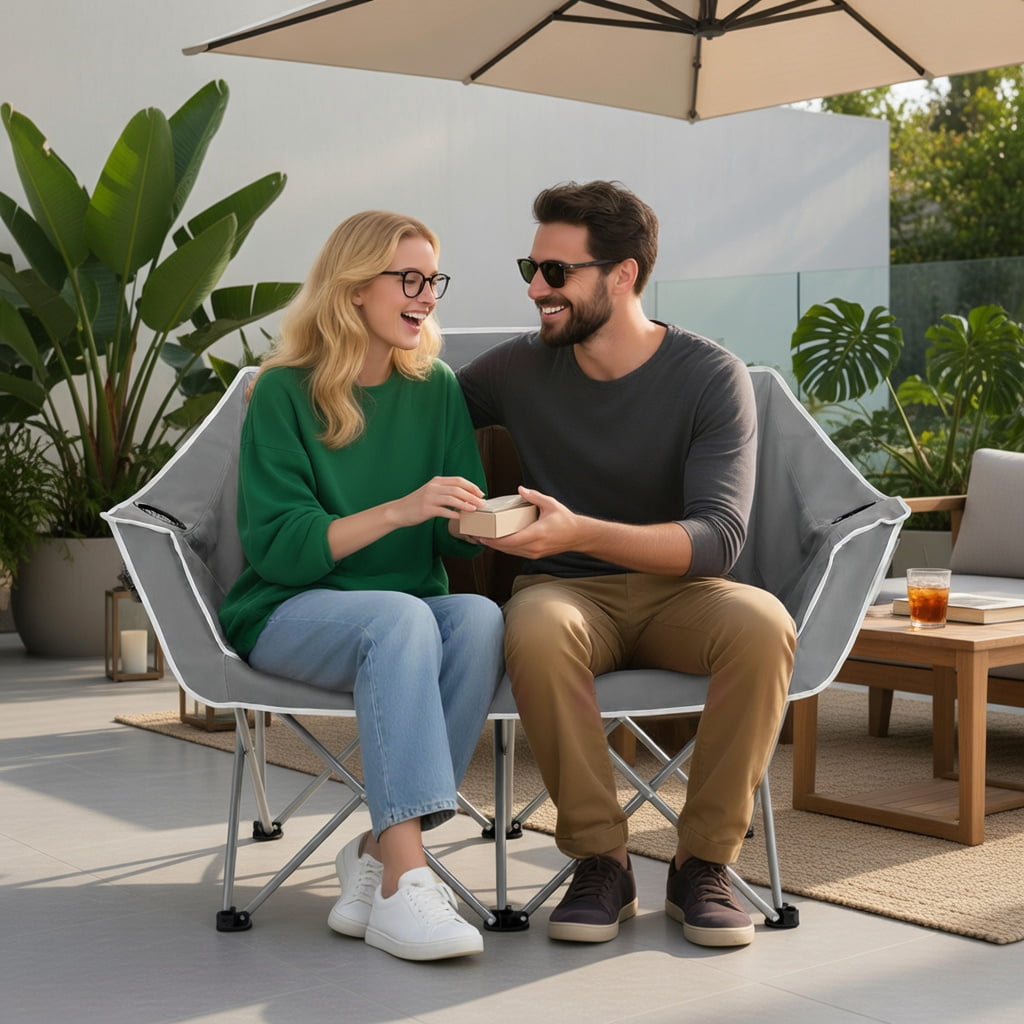 Hommoo Duo Portable Oversized Camping Loveseat Chair with Armrests, Dual Mesh Cup Holders & Heavy-Duty Steel Frame, Gray
