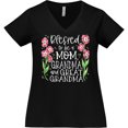 thumbnail image 3 of Inktastic Blessed to Be a Mom, Grandma, and Great Grandma Pink Flowers Women's Plus Size V-Neck T-Shirt, 3 of 5
