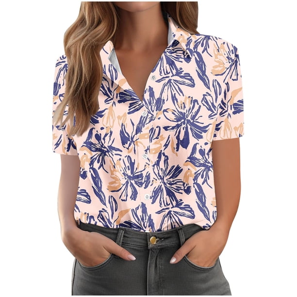 Pantalones Cortos para las Mujeres Impresión Sexy Cómodo Bolsillo de Manga Corta, Botón Top Blusa Camiseta