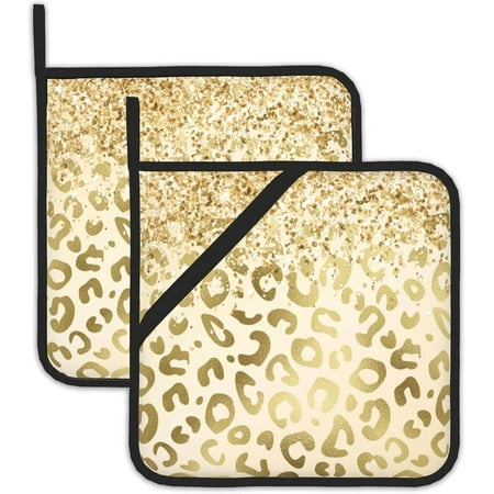 

JUSIP Yellow Leopard Pot Holders Set of 2 Kitchen Heat Resistant Vintage Floral Potholder for Microwave Cooking Baking Oven End Dishes and BBQ