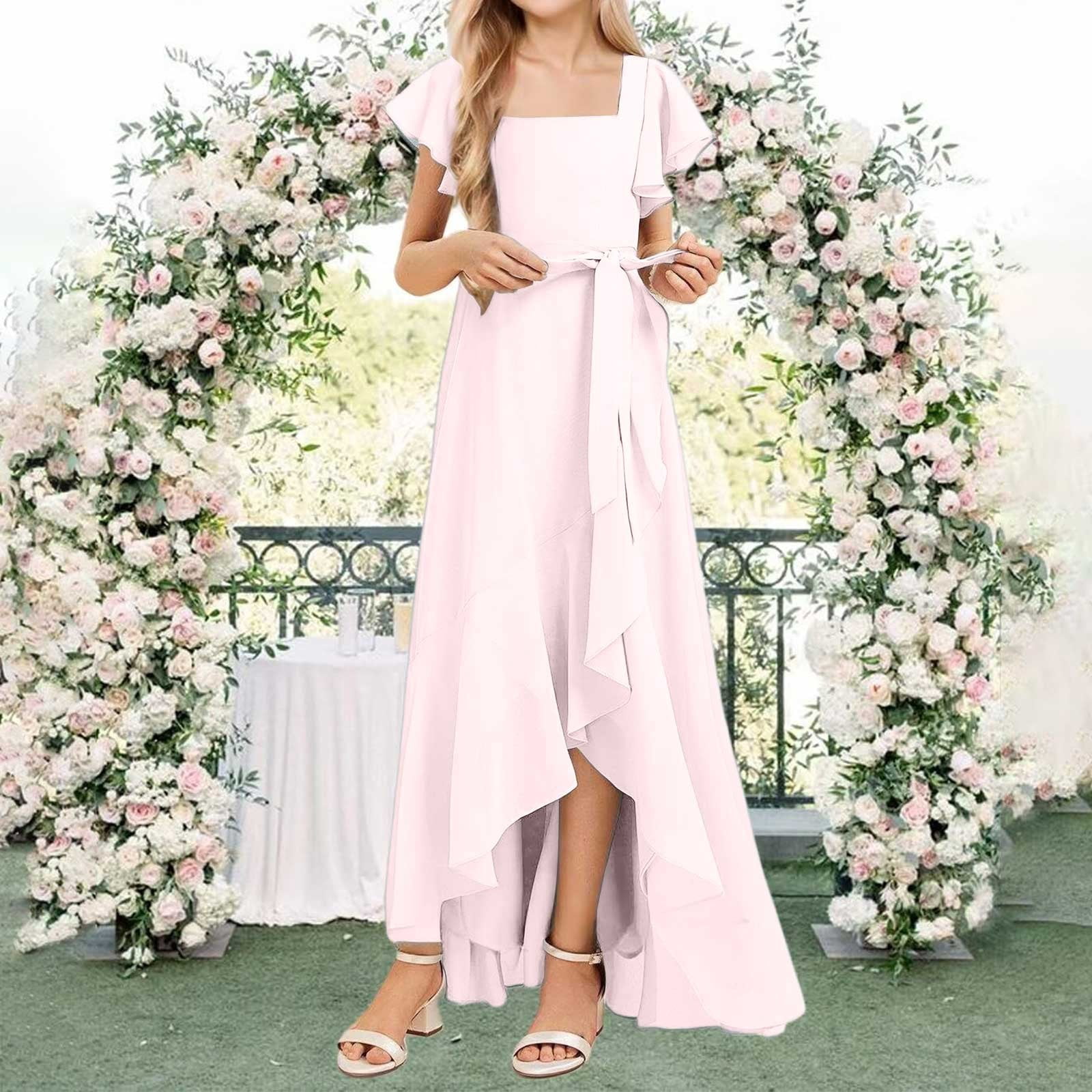 EnJoCho Short Sleeve Flower Girl Dress for Wedding, High Low Hem Rufle Chiffon Bridesmaid Gown Junior Formal Special Occasion Party