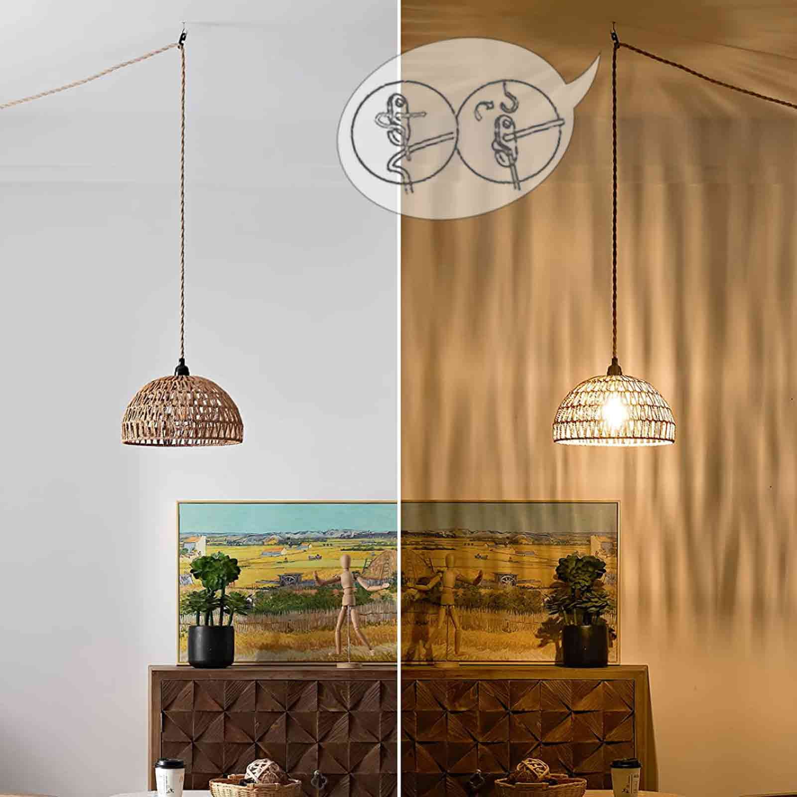IC INSTANT COACH Woven Pendant Lights, Brown Woven Rattan Shade, Hemp Rope Hanging Cord with Switch, E26 Farmhouse Chandelier Pendant Light Fixtures for Kitchen Island, Dining Room, Living Room, Bedro