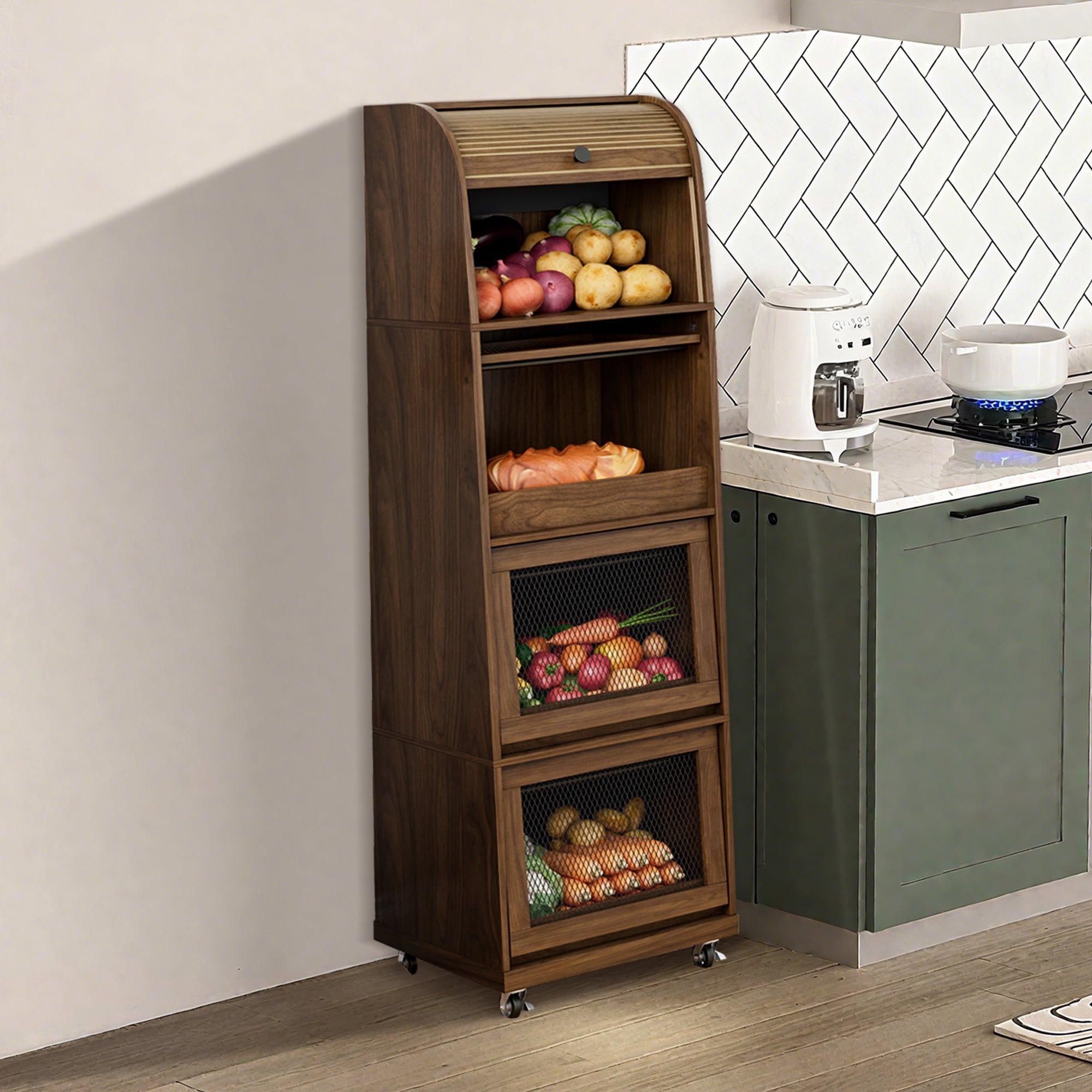 Onion and Potato Storage Bin Box, Movable Potato Bins with Sliding Door, Farmhouse Kitchen Pantry Cabinet