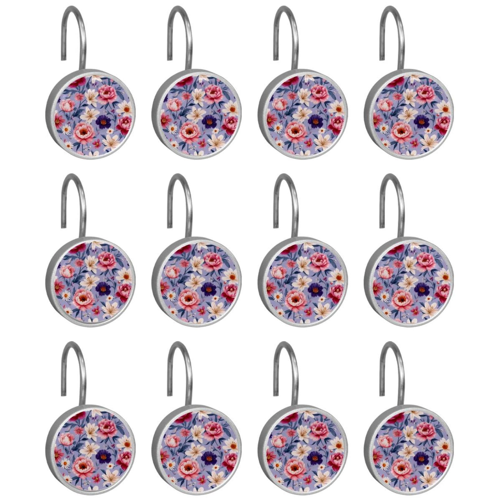 12pcs Decorative Shower Curtain Hooks, Rust Resistant Shower Rings for Bathroom Living Room,Rustproof Stainless Steel Rings for Shower Curtain and Liner Rods,Bohemia Style Flowers Purple