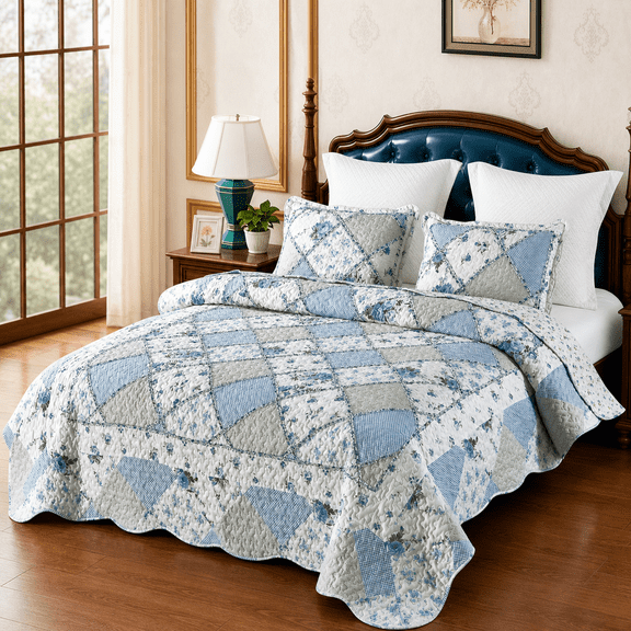 Blue Floral Patchwork Queen Size 3-Piece Bedding Quilt Set