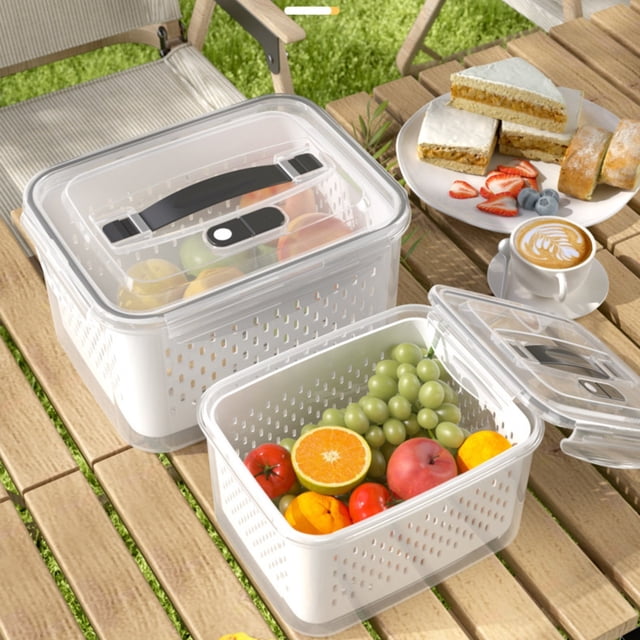 Cesta Portátil para Picnic de Doble Capa con Drenaje | Caja de Almacenamiento para Lavado de Verduras y Frutas | Contenedor Antigoteo para Refrigerador y Conservación Fresca | Plástico Blanco