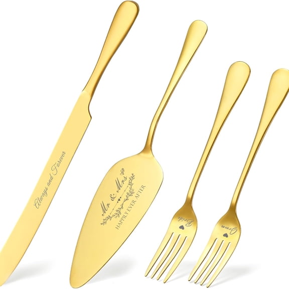 Mioerouu Wedding Cake Knife and Server Set, Gold Cake Cutting Set for Wedding, 4 Pieces Set with Forks for Engagements, Anniversaries, Bride and Groom