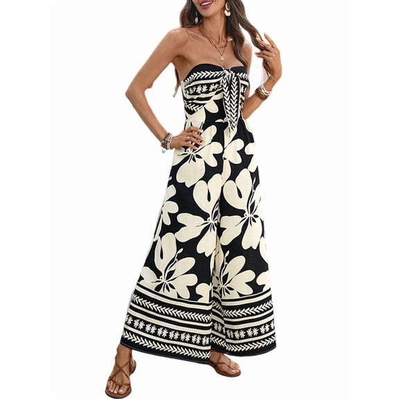 Womens Floral Print Tie Front Bandeau Backless Smocked Jumpsuit One-Piece Romper Summer Black L