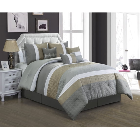 HGMart Bedding Comforter Set Bed In A Bag - 7 Piece Luxury Striped Microfiber Bedding Sets - Oversized Bedroom Comforters, Queen Size, Vienna Grey