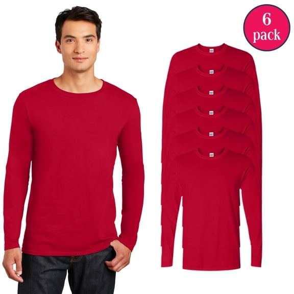 Gildan Men’s Softstyle Cotton Long Sleeve Tee, Cherry Red T-Shirt, 6 Pack of Crewneck Sleeve, S
