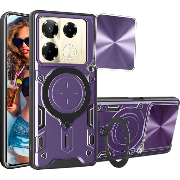 for Infinix Note 40 Pro/Note 40 Pro Plus Case with Magnetic Ring Kickstand, Rugged Military Grade Shockproof Heavy Duty Case with Slide Camera Lens Cover for Note 40 Pro JS-Purple