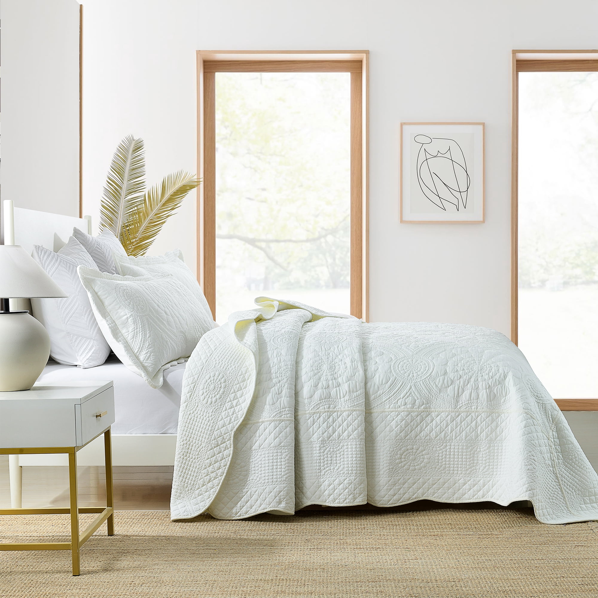 MarCielo  3Pcs 100% Cotton Oversized Quilt Bedspread Coverlet Set TF Premium White - Oversized King