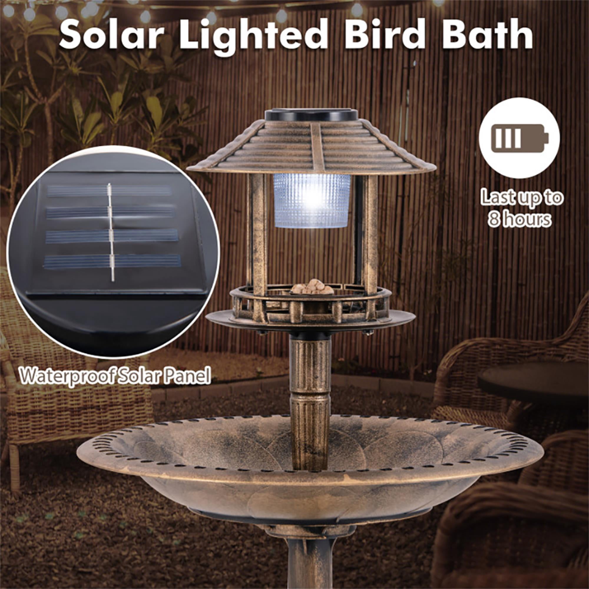 Pefilos 42" Outdoor Pedestal Garden Bird Bath with Solar Light, Bird Feeder and Flower Planter, Bronze Brown