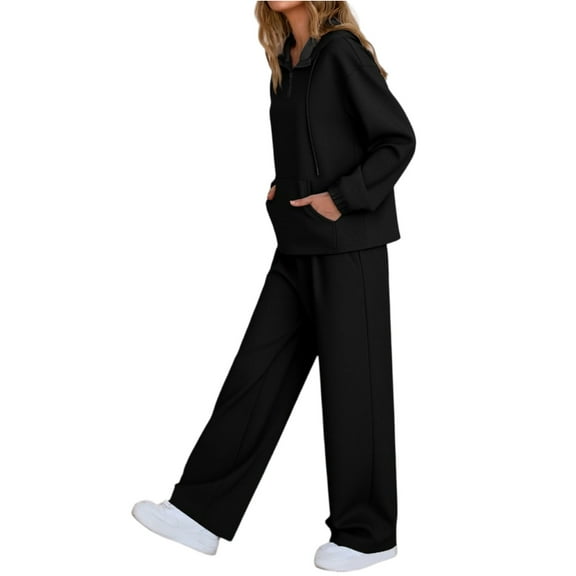 longantii 2 Piece Sets for Women Lounge Long Sleeve Hoodie Sweatsuit Loose Solid Color Wide Leg Sweatpants Tracksuit Fashion Fall Winter Travel Airport Outfits Black XXL