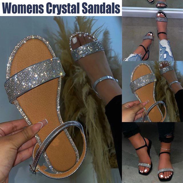 TrendOFT Sandales pour Femmes Cristal Chaussures d'Été à Bride Décontractées Bout Rond à Boucle Extérieur Sandales Plateforme pour Femmes Argent 41