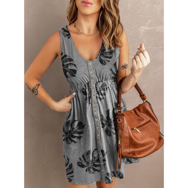 Vestido sin mangas con escote en V y estampado de hojas, estilo veraniego, con cintura elástica y botonadura sencilla