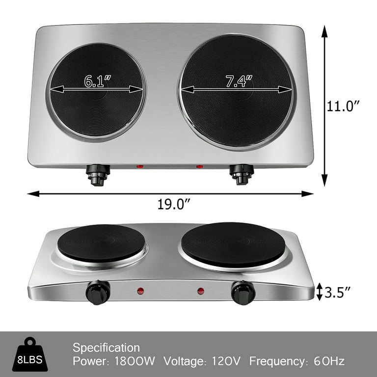 1800W Double Hot Plate Electric Countertop Burner Stainless Steel 5 Power  Levels