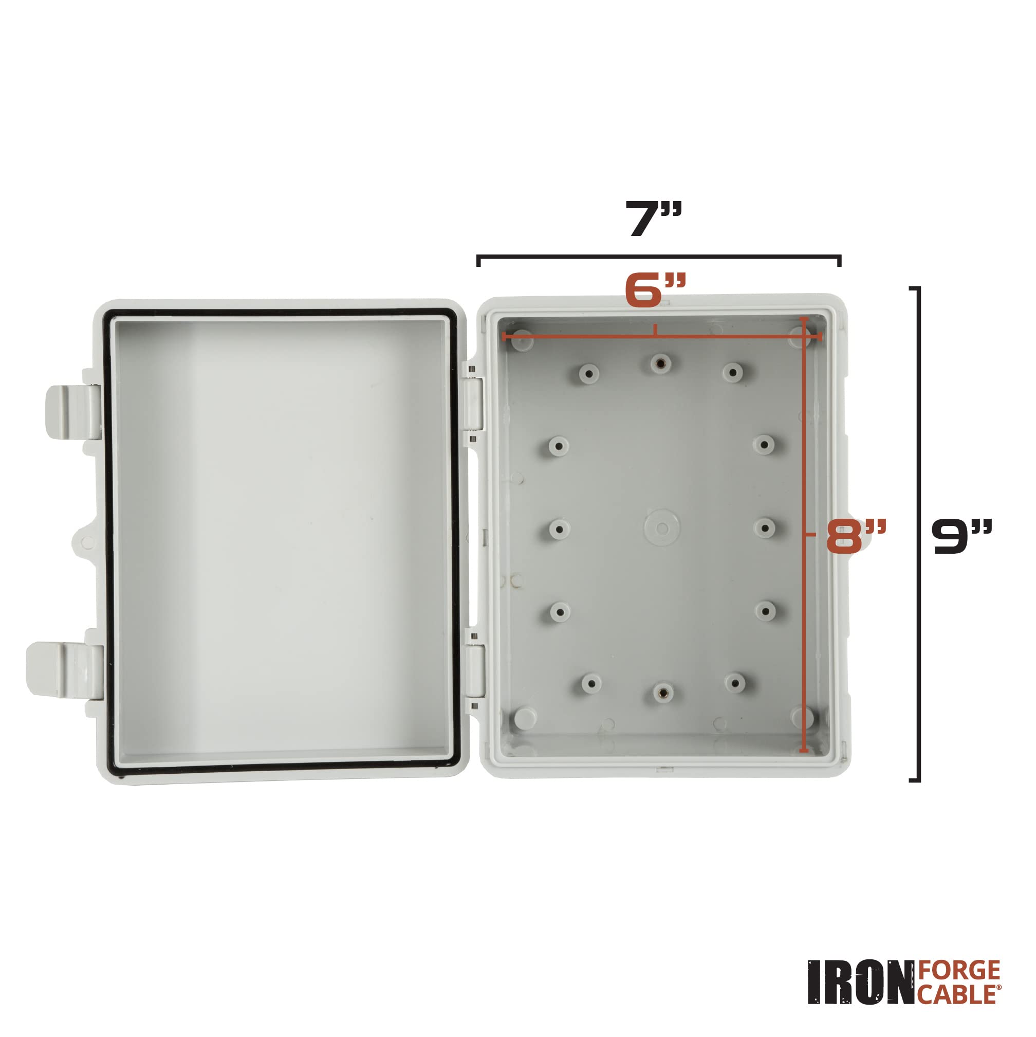 Iron Forge Cable Waterproof Junction Box - Outdoor Electrical Enclosure - Plastic Project Boxes with Mounting Plate, Wall Brackets, Weatherproof Hinged Grey Panel Cover - IP65-9x7 Inch