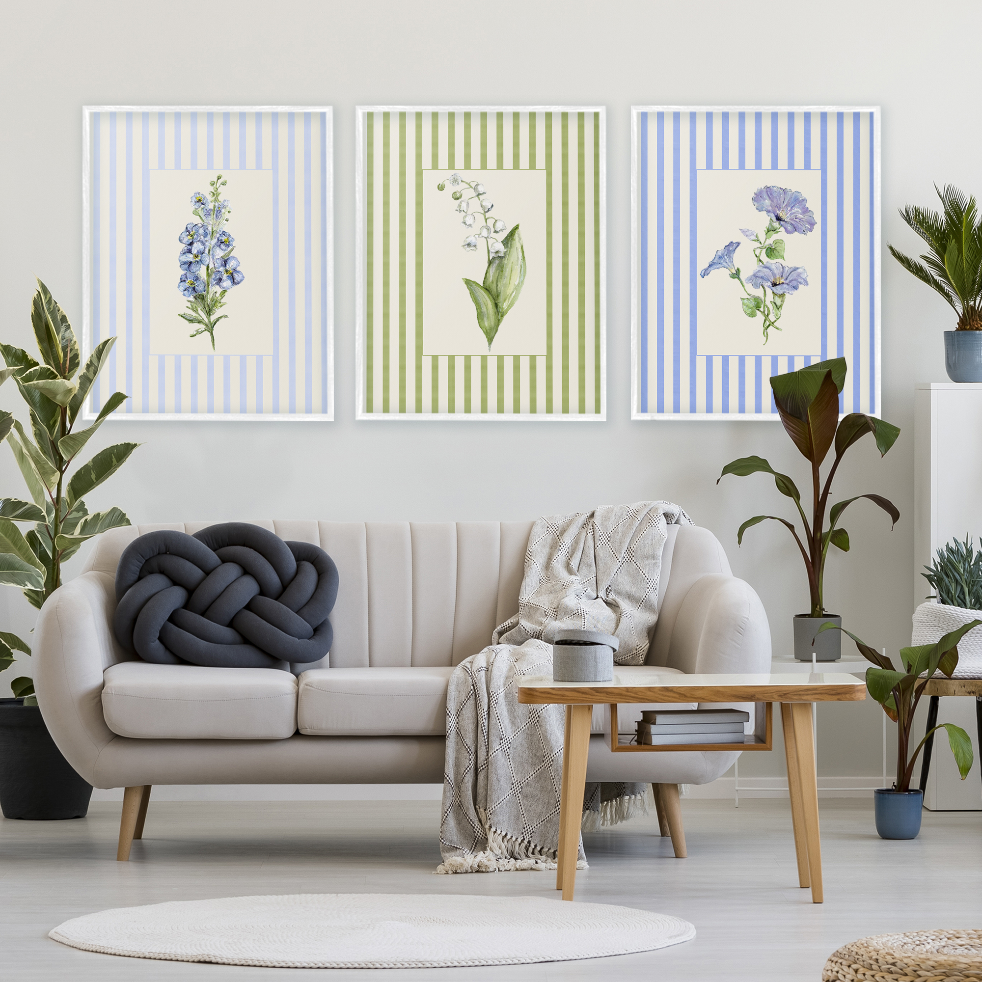 Soft Stripe Cottage Blooms 3 Piece White Framed Giclee Art Set, design by Lisa Wehmeyer