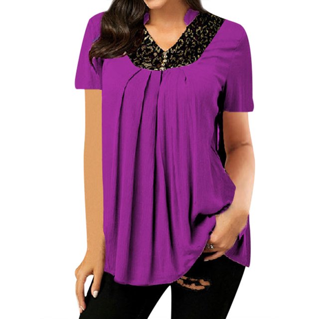 Haut à Blouse Simple à Manches Courtes et Col Rond et à Imprimé Floral pour Femmes