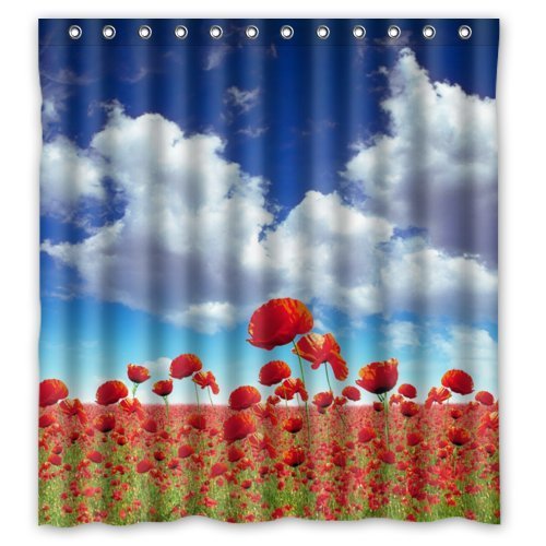 ABPHQTO Campo de flores de amapola bajo el diseño del cielo azul Cortina de ducha Cortina de ducha impermeable 160x180 cm