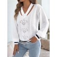 thumbnail image 6 of Women Vintage Knit V-Neck Hollow Contrast Stripe Lantern Long Sleeve Loose Knit Pullover Sweater White S, 6 of 10