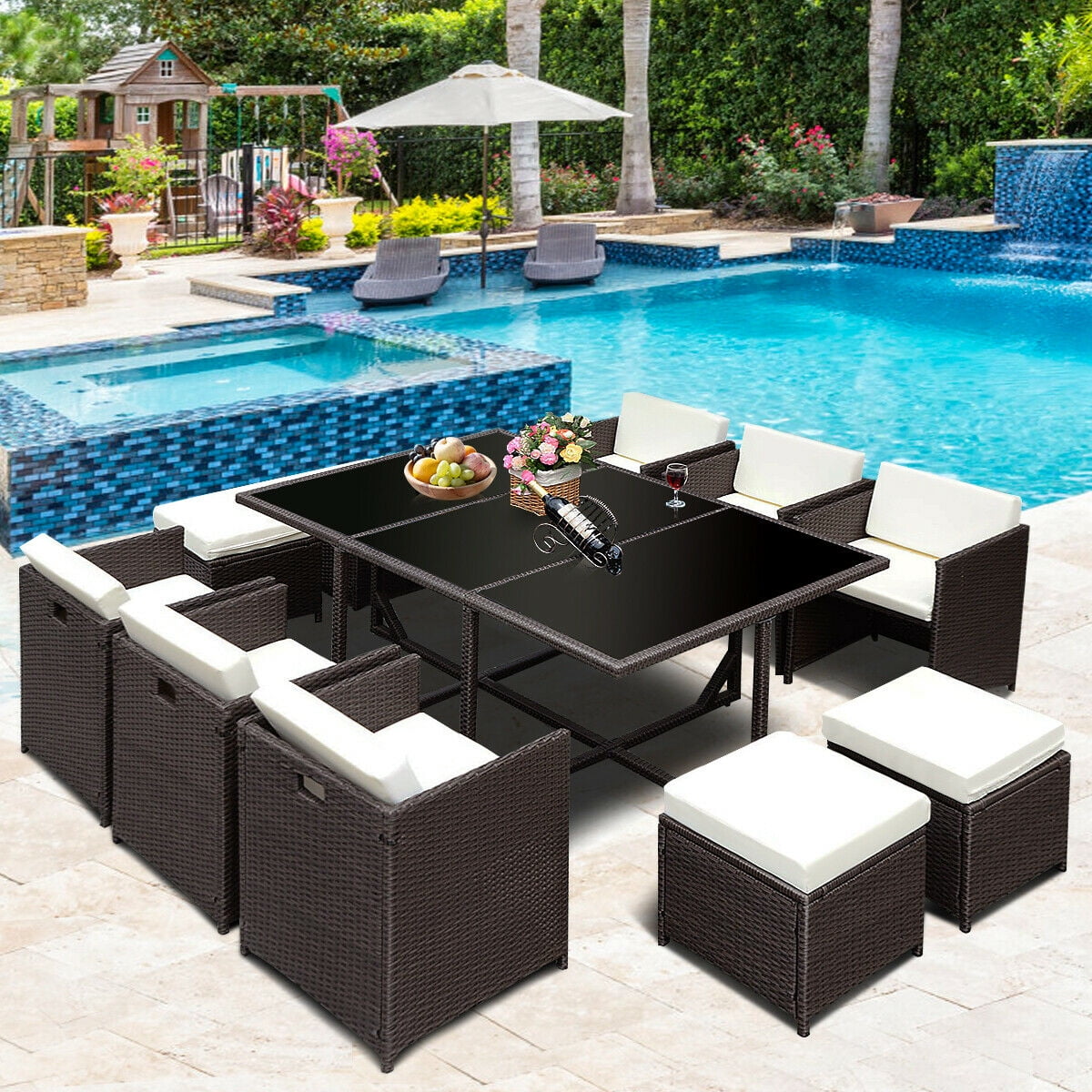 Costway 11 Pcs Outdoor Patio Dining Set Metal Rattan Wicker