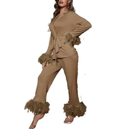 

2pcs Set Elegant Lapel Neck PJ Pant Sets Long Sleeve Mocha Brown Women s Pajama Sets (Women s)