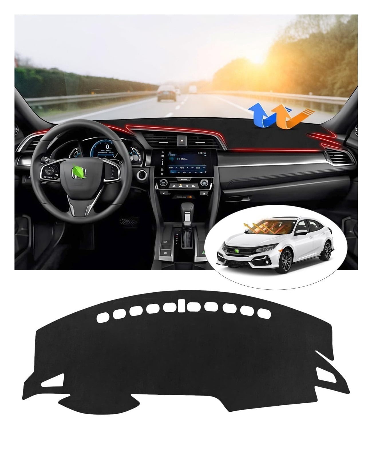 SUGUANGHUI Dash Cover Fits for Civic Coupe Sedan/Hatchback 2016-2021 Dashboard Cover for Civic Accessories Non-Slip Dash Mat Carpet Anti-Glare Sunshade, Car essentials