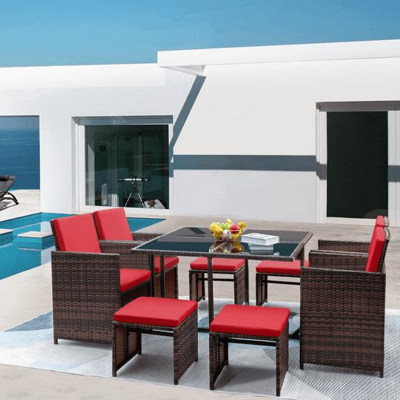 Vineego 9-Pieces Traditional Steel Waterproof Dining Furniture Sets Red