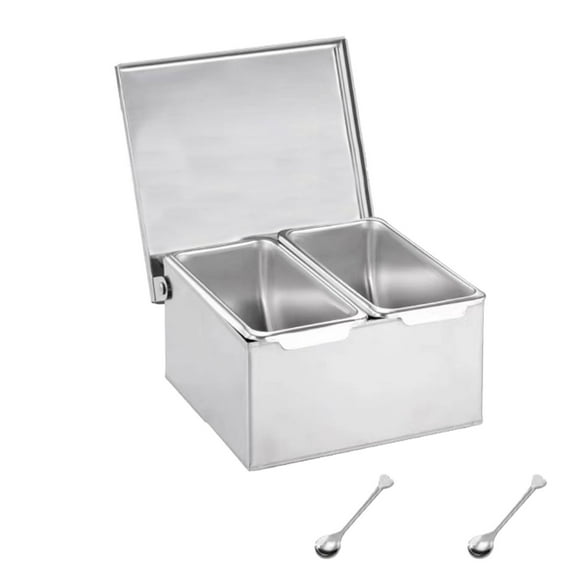 THLKIF 2 Compartment Trays Stainless Detachable Topping Station with Lid, Pizza Ingredients Condiment Dispenser Reusable Ice Cooled Condiment Seasoning Container