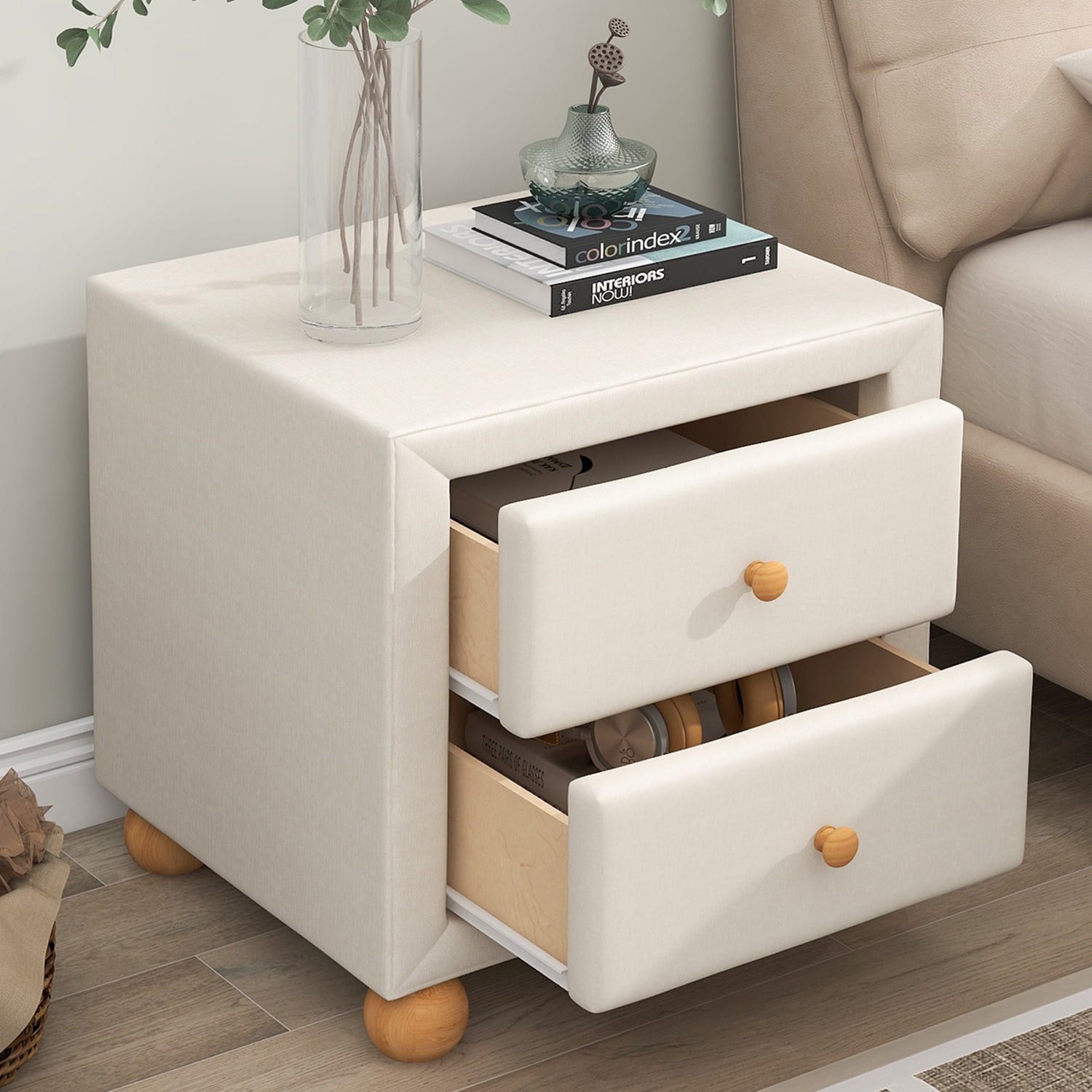 UWRNite Modern Upholstered Nightstand with 2 Storage Drawers, Wooden