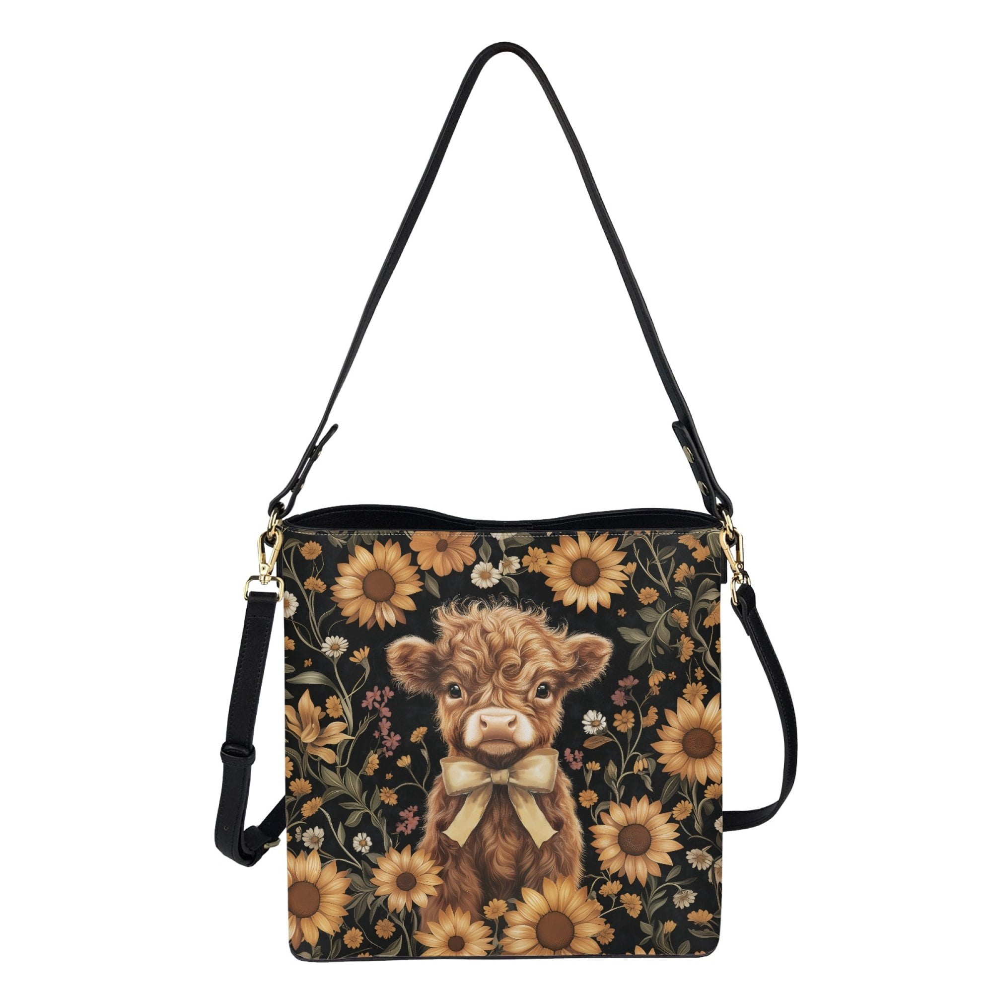 Kuiaobaty Highland Cow Print Bucket Crossbody Bag for Women Lady Sunflower Print Leather Hobo Satchel Purse Crossbody Cute Roomy Bucket Tote Bag with Adjustable Strap for Travel Brown